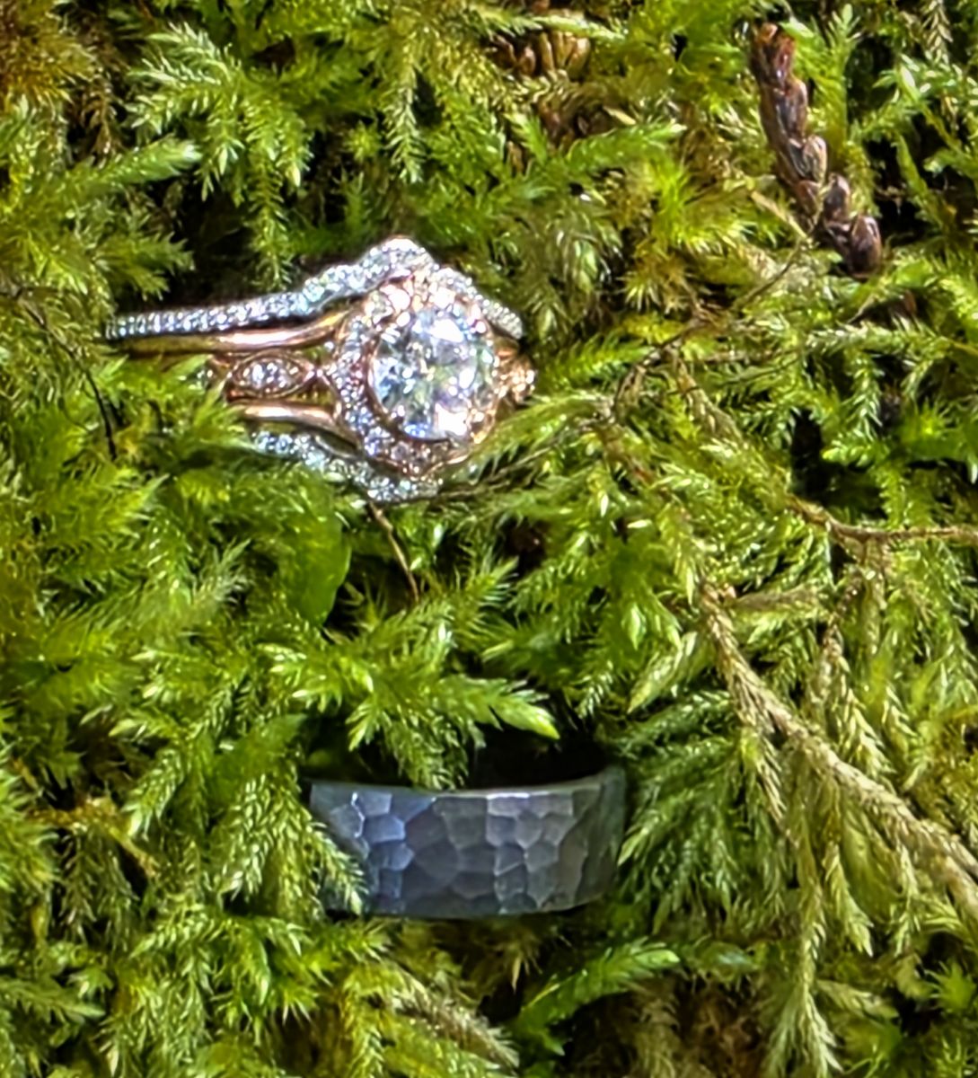 Our wedding rings resting in green moss